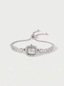 Glisma 1pc Women's Square Shaped Gold Case Rhinestone Decor Watch With Diamond Studded Dial, Hip Hop Style Quartz Wristwatch With Adjustable Strap - Silver - View 4