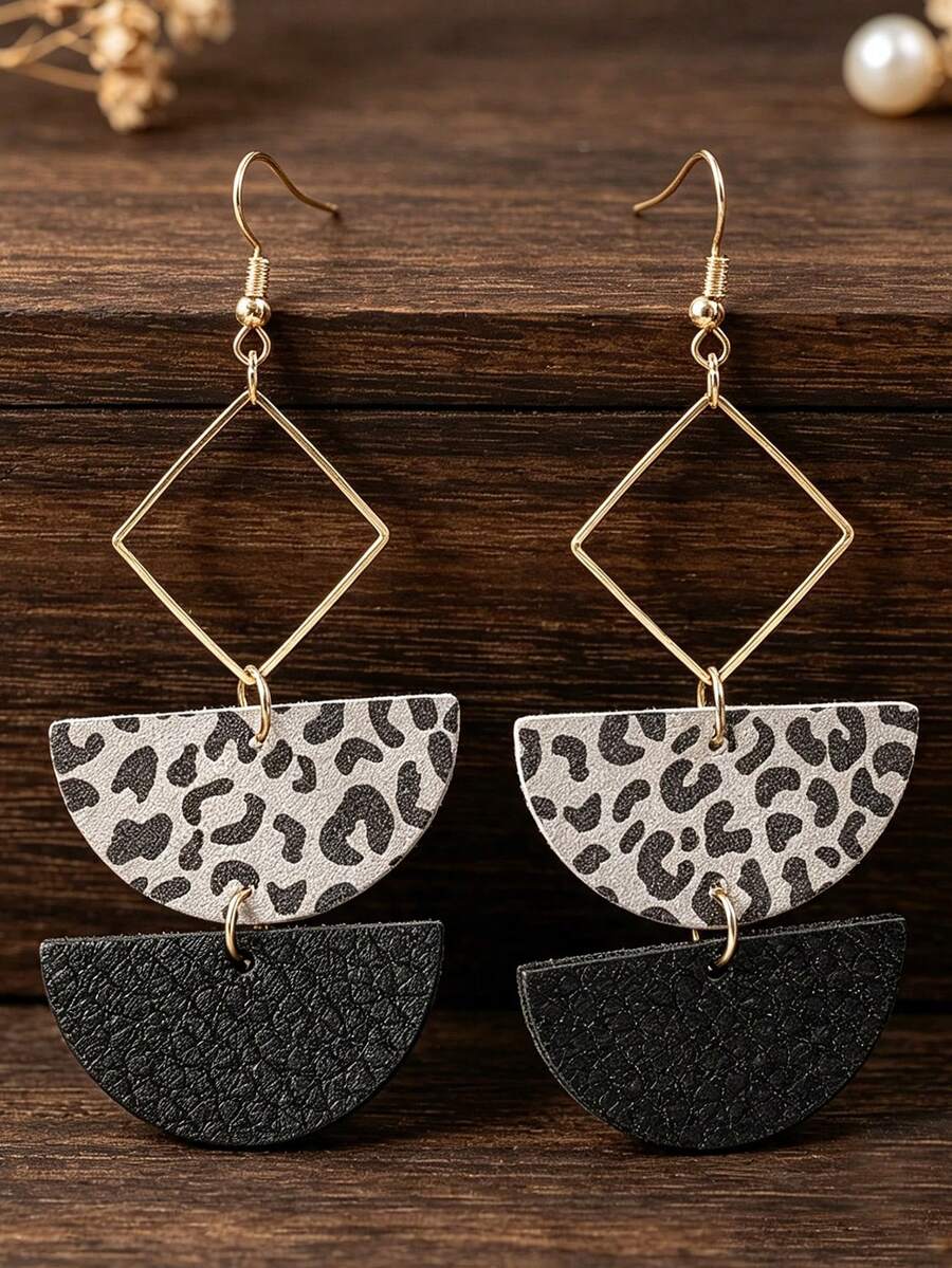 1 Pair Vintage Sexy Leopard Print & Black Half-Circle PU Leather Earrings, Metal Rhombus Geometric Patchwork Pendant Earrings - Multicolor - View 1