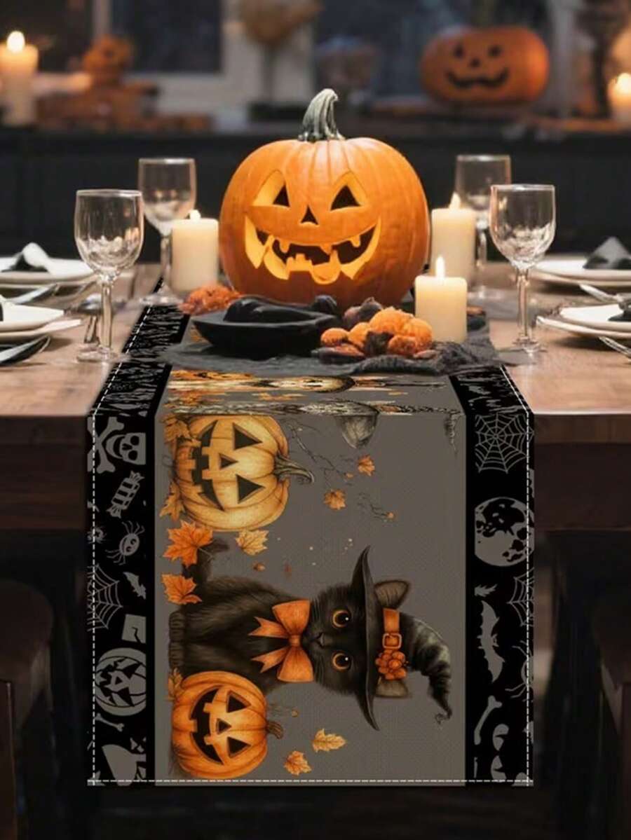 1pc Halloween Cat & Pumpkin Table Runner - Black With Orange Leaves, Bats And Spider Pattern, Rectangular Tablecloth Decor, Suitable For Kitchen, Dining Room Or Party, Halloween Decoration - Dark Grey - View 1