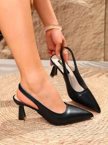 French Style Pointed Toe Slingback Sandals For Women, Elegant Wine Glass Heel Closed Toe Back Strap High Heel Commuter Shoes - Black - View 2
