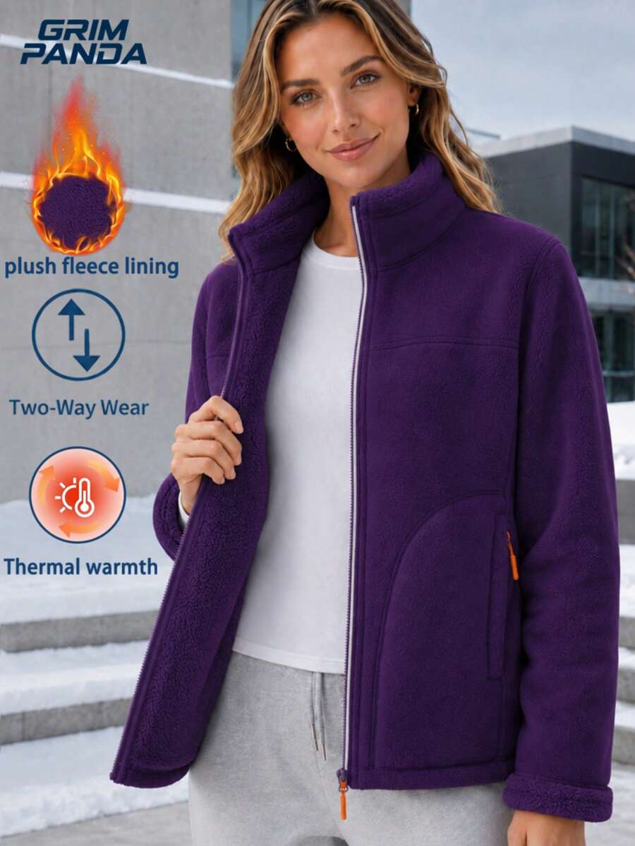 GRIM PANDA Women's Reversible Fleece Jacket, Double-Sided Soft Shell Coat With Zipper Pockets, Stand Collar Fleece Sports Fall - Violet Purple - View 1