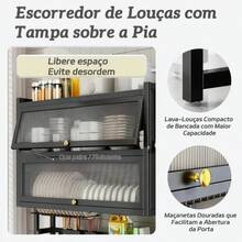 Sing-e Escorredor de Louça Suspenso sobre a Pia – Sem Ocupar Bancada, Ajustável 65-105cm, 2 Andares com Portas para Talheres e Pratos - Preto - Visão 8
