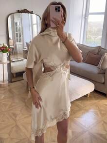 GMFP Women's Spring/Summer Casual Elegant Fashion Contrast Lace Satin Texture Hollow Waist Apricot Skirt, Date Daily Gathering Y2K Back To School Graduation Season Women's Outfit Item Halloween Christmas Top - Apricot - View 2