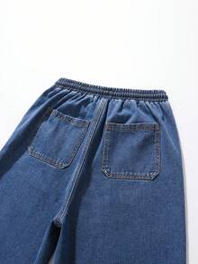 Youth Boy Vintage Collegiate Style Elastic Waist Washed Dark Blue Denim Jeans - Blue - View 4