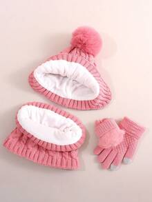 3pcs 2-8 Years Old Boys Girls Warm Set, Single Ball Double Ball Cute Winter Children Solid Color Hat Set - Multicolor - View 4