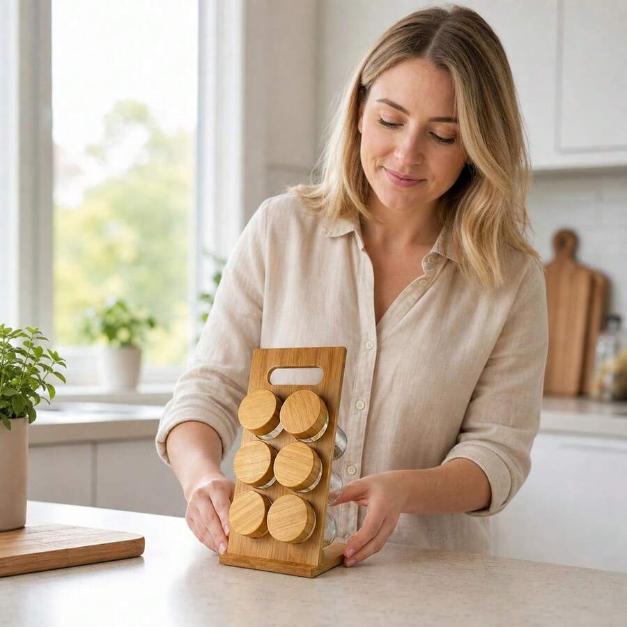 23.5cm Wood Spice Rack, Bamboo Storage Organizer With Handle, Kitchen Countertop Display Stand - Redwood - View 1
