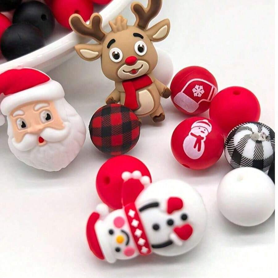 1/32/33/52pcs Silicone Beads, 3D Christmas Snowman, Paired With Round Spacer Beads, Suitable For Handmade DIY Jewelry Making - Multicolor - View 1