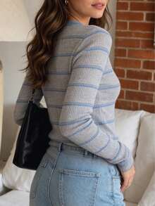 Women's Autumn/Winter Gentle French Style Striped Crew Neck Pullover Sweater - Light Grey - View 3