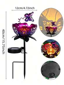 1pc Purple Hollow Flower Solar Ground Light, Butterfly Decor Cracked Glass Solar Garden Light, Waterproof Warm White LED Landscape Light, Suitable For Lawn, Pathway, Backyard, Patio, Villa, Wedding Outdoor Decoration - Multicolor - View 11