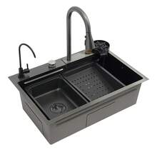 Évier de cuisine en acier inoxydable anthracite, avec accessoires complets : robinet extractible, robinet filtre, égouttoir, planche à découper et égouttoir à tasses. Convient pour la maison, le restaurant, le bar, le garage et l'appartement. Dimensions : 68 * 45 * 21 cm. - Gris anthracite - Voir 5