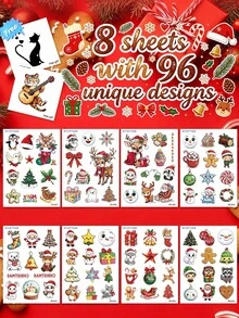 STARTTOOS 8 Sheets 96pcs Christmas Santa Reindeer Snowman Bell Combination Pattern Temporary Tattoo Stickers, Children DIY Birthday Party Christmas Gift Arm Body Temporary Waterproof Tattoo Stickers - Multicolor - View 2