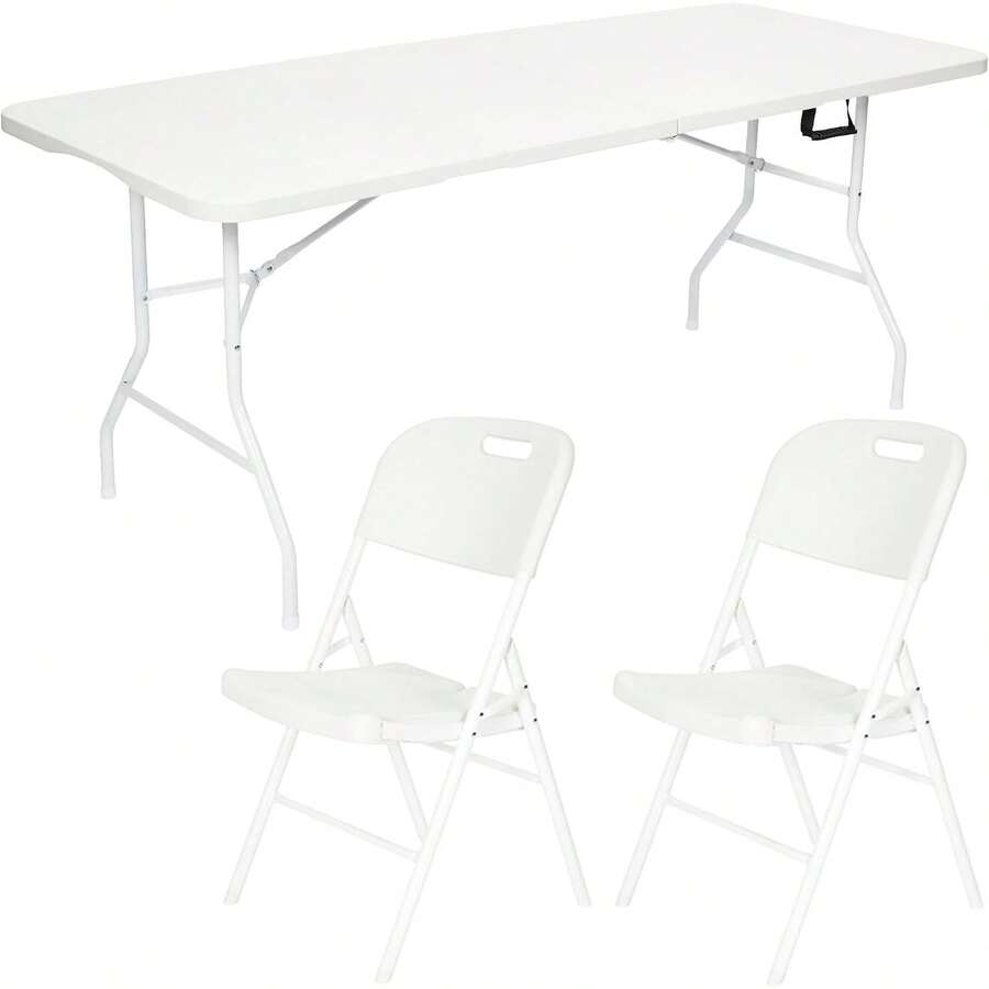 2026 HOT : 3-Piece Folding Set - 6ft White Folding Table With 2 Premium Folding Chairs - Waterproof, Heavy-Duty & Portable - Garden Parties, Catering, Camping, Exhibitions & Indoor/Outdoor Events - 6ft Table + 2 X Premium Chairs - View 1