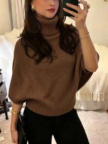 女款休閒秋冬純色灰色高領蝙蝠袖針織上衣，收腰紋理設計，日常通勤辦公套頭衫 - 棕色 - 查看 3