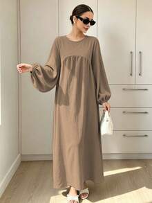 1pc New Plus Size Dress With Ruched Chest, Lantern Sleeve Design, Classic Versatile Abaya For Women's Daily Wear - Multicolor - View 13
