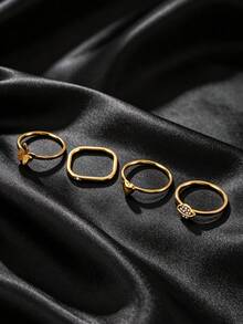 4pcs Minimalist 18K Gold Plated Stainless Steel Matte Butterfly Heart Rhinestone Twisted Thin Rings For Women Men Daily Wear Date Gift - Gold - View 3