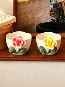 1件復古創意手工3D花卉浮雕陶瓷馬克杯，精緻吸睛咖啡杯，波浪花瓣不對稱杯緣設計搭配圓潤杯身，適用阿拉伯濃縮咖啡、中東紅茶、牛奶，可微波爐加熱、洗碗機清洗 - 彩色 - 查看 4