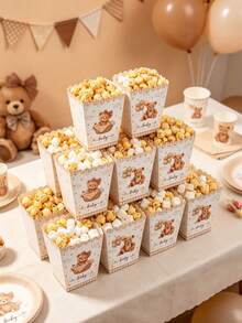 10pcs Bohemian Teddy Bear Paper Popcorn Boxes, Neutral Bear Baby Shower Candy Boxes, We Can Wait Theme Popcorn Boxes, Food Boxes, Snack Boxes, French Fries Boxes, Bread Boxes, Birthday Decorations, 1st Birthday Party Decorations, Baby Shower Party Supplies, Gender Reveal Table Decor, Home Decor, Family Gathering Supplies - Brown Bear - View 5