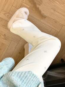 White Rhinestone Embellished Knit Wide Leg Pants, High Waist, Autumn/Winter New Style, Slouchy Chic, Draped, Slimming, Versatile Straight Leg Pants For Women - White - View 4