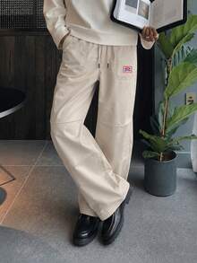 Unisex Apricot Patch Logo Casual Pants, Drawstring Ruched Knee Wide Leg Cargo Long Pants - Apricot - View 2