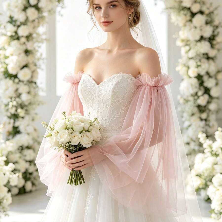 1 Pair Romantic Ruffle Long Loose Tulle Sleeve Cuffs, Exquisite Bridal Accessory, Suitable For Wedding Dress, Party And Travel Photography - Pink - View 1