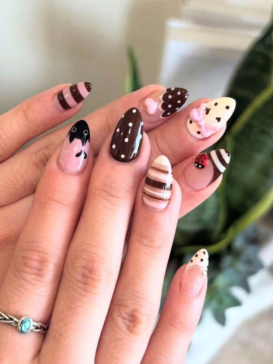30pcs Y2K Short Almond Press-On Nails, 3D Gel Cute Bow, Heart, Ladybug, Polka Dot, Stripe, Cat Pattern Design, Set Includes: 1pc Jelly Glue And 1pc Nail File - Multicolor - View 1
