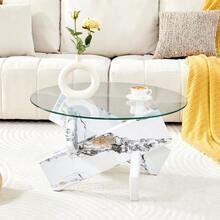 Multi-Color Optional MDF + Glass Round Coffee Table: White Faux Marble Patterned Support Legs - 白色 - 查看 3