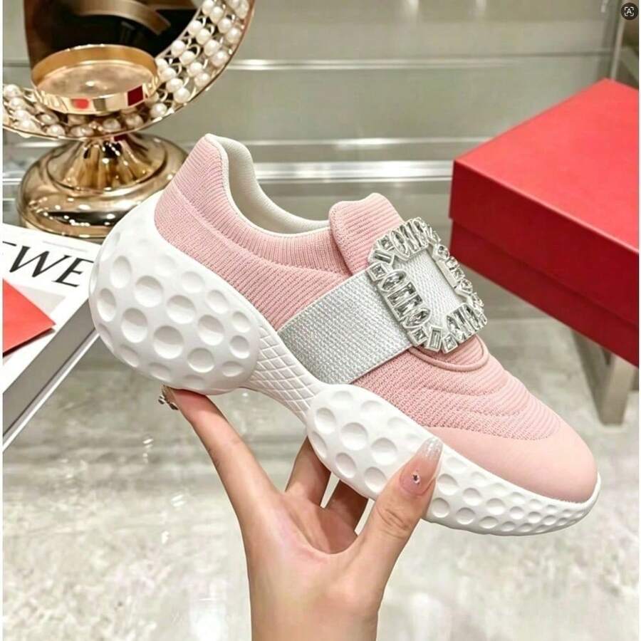 New RV Sneakers, Casual Platform Shoes, Elevated Mesh Creepers With Square Buckle, European And American Style Design - 粉紅色方鑽扣 - 查看 1