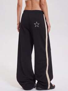 KyrLssu Side Stripe Star Embroidered Wide Leg Sweatpants, Elastic Drawstring High Waist Athletic Long Pants - Black - View 5