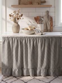 1pc Black & White Plaid Table Skirt, Modern Minimalist Style, Rectangular With Ruffle Edge And Pleated Details, Concealing Storage And Decorative Function, Suitable For Kitchen Island And Home Decor - Black - View 1