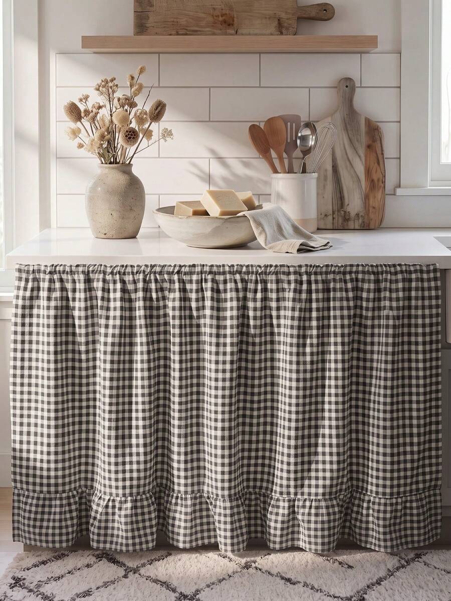 1pc Black & White Plaid Table Skirt, Modern Minimalist Style, Rectangular With Ruffle Edge And Pleated Details, Concealing Storage And Decorative Function, Suitable For Kitchen Island And Home Decor - Black - View 1