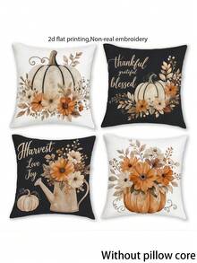 4pcs, 2D Flat Print Thanksgiving Country Rustic Throw Pillow Covers, Non-Real Embroidery Pumpkin Floral Cushion Covers,Fall Home Decorative Pillowcases,No Pillow Inserts - Black - View 2