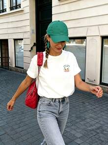 Casual Printed T-Shirt For Women, Short Sleeve Crew Neck With Directional Heart Pattern, Delicate Design, Spring Summer Autumn Wear, Local Shipping - 白色 - 查看 2
