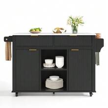 Kitchen Island On Wheels 120 X 45 Cm With Fold-Down Worktop, Kitchen Cart With 2 Drawers, 2 Doors, Spice Shelves And Towel Rail, Kitchen Unit On Wheels With Storage, White - Black - View 9