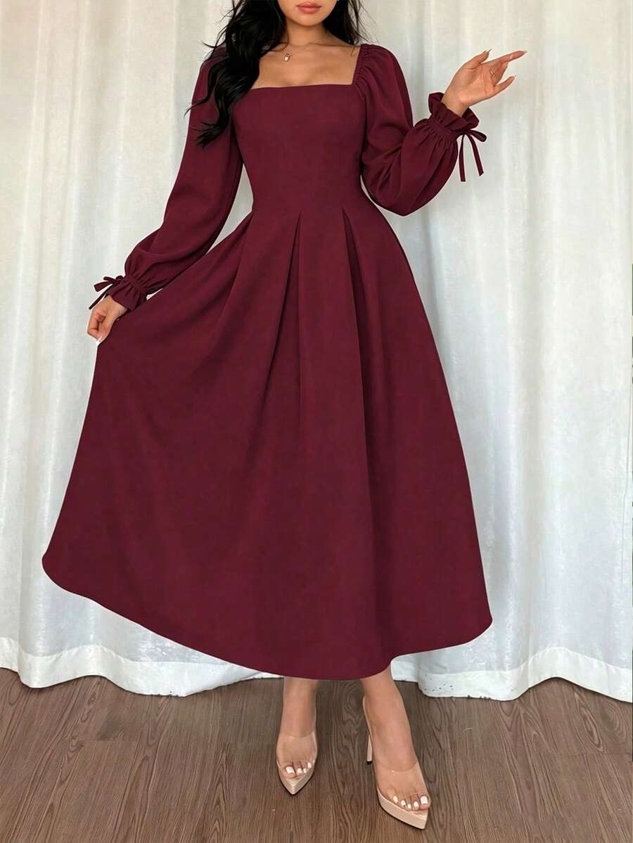 Women's Formal Square Neck Midi Dress, Long Pleated Ruffle Sleeves, Flared A-Line Non-Stretch Woven Fabric - Burgundy - View 1