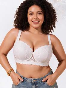 Plus Size Floral Lace Underwire Bra, Wide Strap Comfortable Style, Full Cup Design, Exquisite Lace Details, Underwire Support For Lifted Bust - White - View 3
