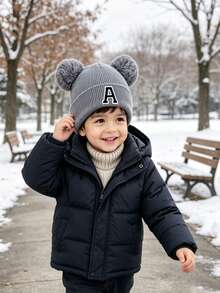 1PC A-Z Letter Baby Knit Double Ball Ear Protection Beanies, Thin Warm ...