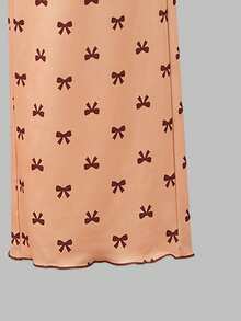 Sweet Autumn/Winter Girls Brown Bow Decor Long Sleeve Top + Bow Print Long Pants Pajama Set, Soft Fabric, Suitable For Girls Home Wear - Brown - View 5