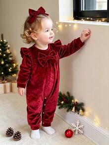 Jumpsuit Bayi Perempuan Warna Burgundy Beludru untuk Musim Gugur/Dingin, Jumpsuit Lengan Panjang Berkerut dengan Hiasan Pita + Bando Pita Polos - Burgundy - View 1