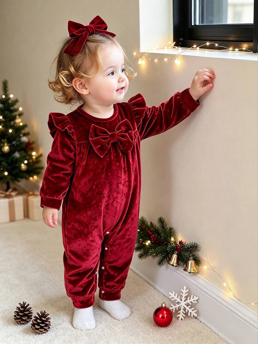 Jumpsuit Bayi Perempuan Warna Burgundy Beludru untuk Musim Gugur/Dingin, Jumpsuit Lengan Panjang Berkerut dengan Hiasan Pita + Bando Pita Polos - Burgundy - View 1