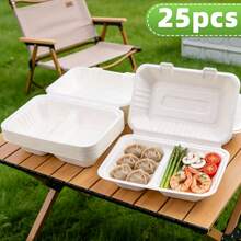 25pcs Disposable Paper Hinged Lid Double Compartment Takeout Boxes, 6*9 Inch Rectangular Food Containers (15.5*23cm), Snack Boxes, Dessert Boxes, Bento Boxes, Perfect For Home Meal Prep, Parties, Picnics, Food Packaging, Camping, Travel And More - White - View 6
