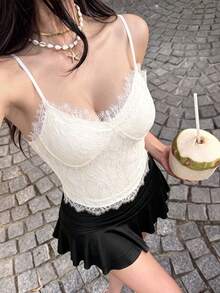 Summer Minimalist Sexy Eyelash Lace Camisole Tank Top For Women, Inner Wear With Chest Pads, French Gentle Style For Outings And Vacation Casual - Apricot - View 2