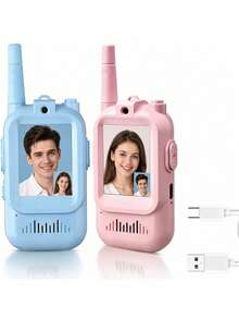 具備錄影功能對講機 (2入) 附攝影機與變聲器 - 650mAh 可充電電池，戶外通訊設備，露營與徒步旅行理想禮物 - 藍粉紅色 - 查看 1