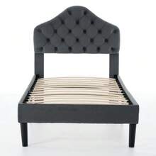Twin Size Upholstered Platform Bed Frame With Adjustable Headboard, Velvet Single Bed With Wood Slat Support, No Box Spring Needed, Easy Assembly, 90x200cm - 灰色 - 查看 3