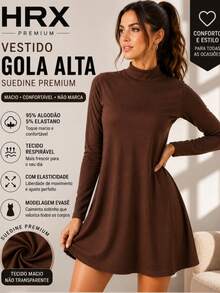 Premium Suedine Short Dress With High Ribbed Neck And Long Sleeves, Simple Fitted A-Line Style, Solid Color, Elegant, Autumn/Winter Fashion. - Negro - Ver 2