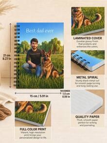 Customized Photo Cartoon Portrait Spiral Notebook, Personalized Illustration Diary Featuring Humans And Dogs, Customized Text Cover Notepad, The Best Gift For Dads, Commemorative Gift For Pet Lovers. - Multicolor - View 3