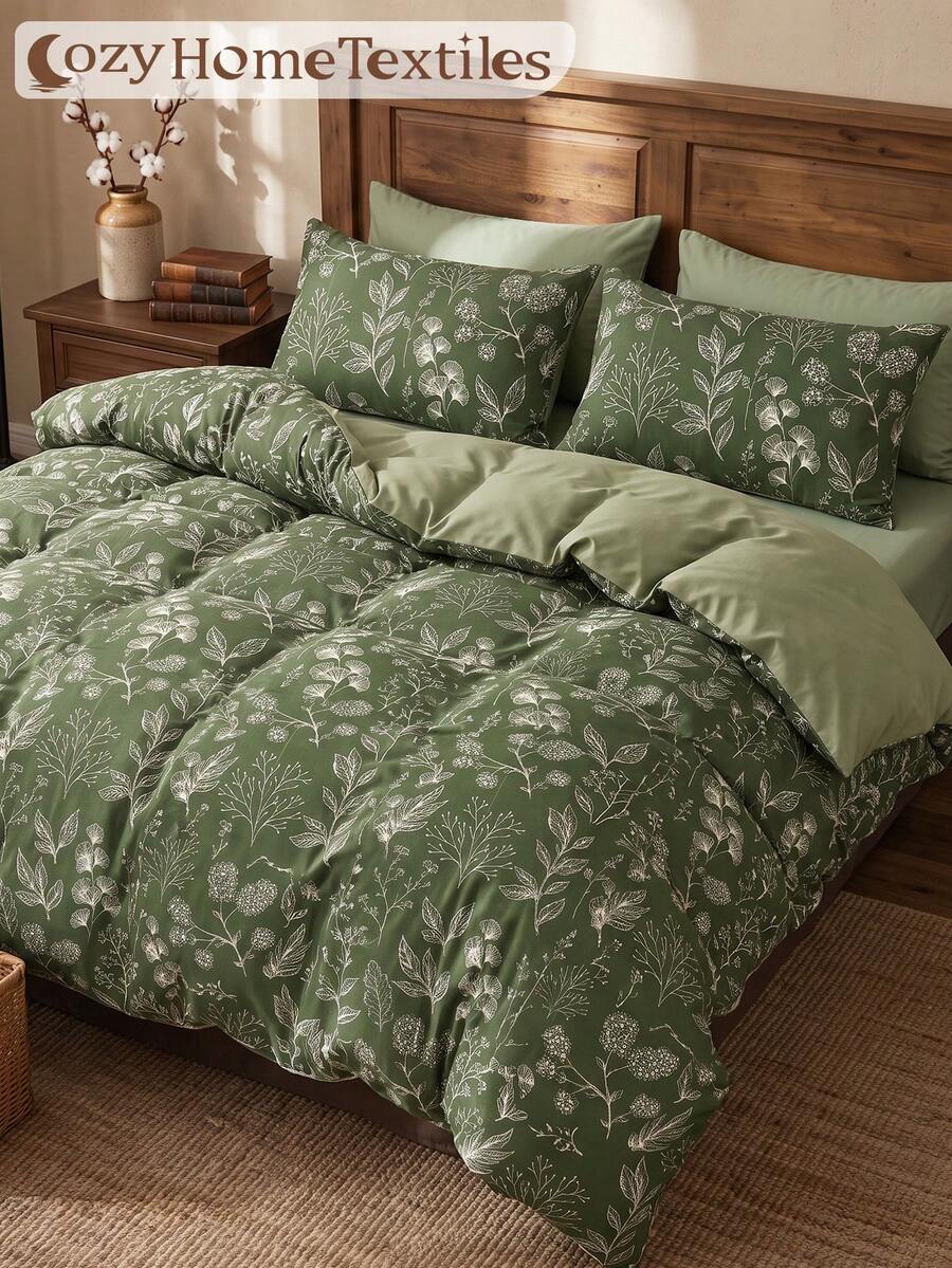 2/3pcs Green Leaf Print Duvet Cover Set, Bedding, Comfortable And Breathable, Lightweight And Anti-Pilling, Machine Washable, Room Decor, Bedroom Decor, Dorm Bedding, Suitable For All Seasons, Fits Double/Single/Full/Queen/King Size Beds, Autumn Home Decor, No Filling