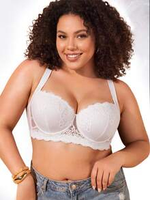 Plus Size Floral Lace Underwire Bra, Wide Strap Comfortable Style, Full Cup Design, Exquisite Lace Details, Underwire Support For Lifted Bust - White - View 7