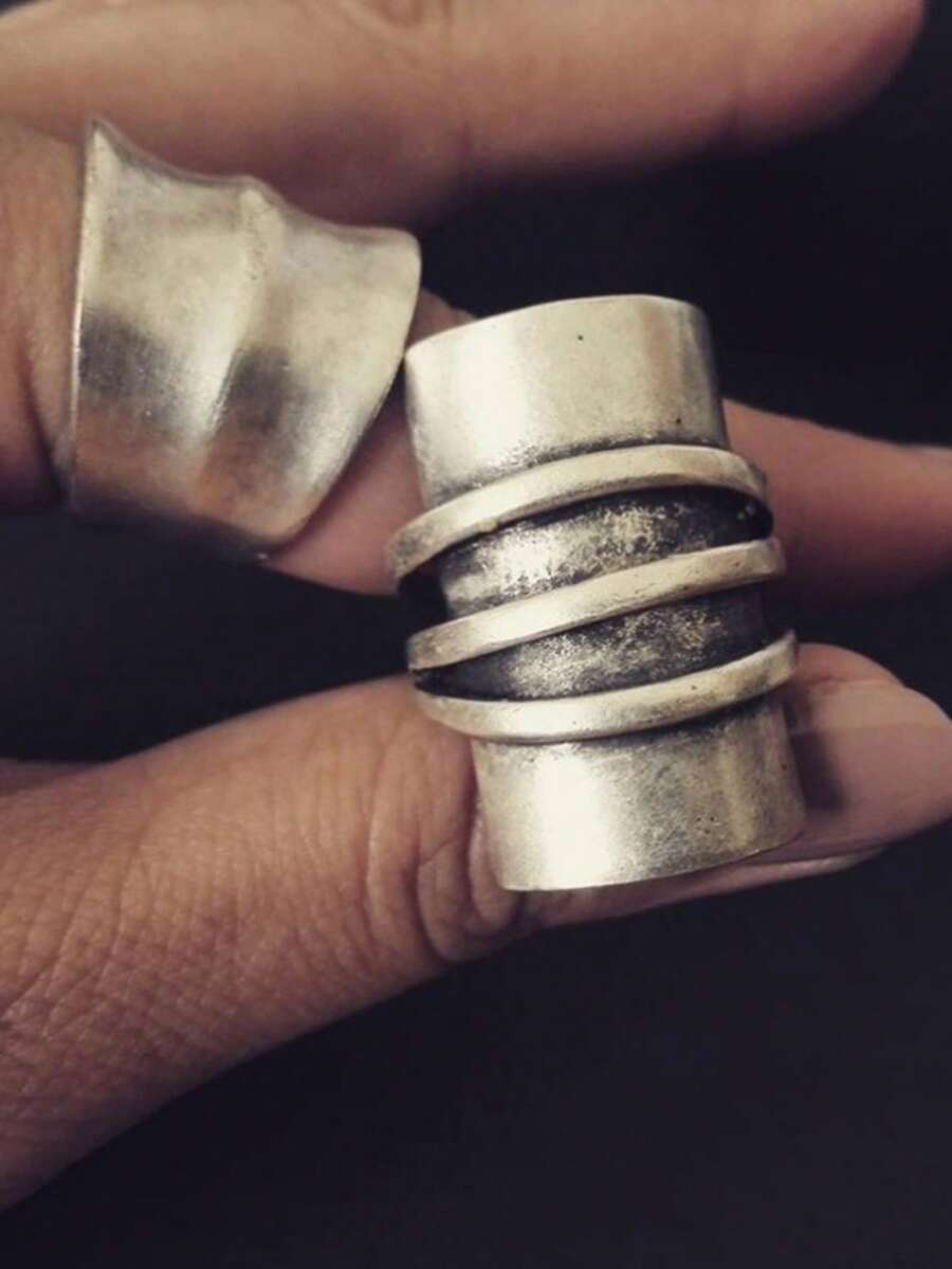 Gmzalx Conjunto de 2 anillos de banda ancha de moda minimalista única y creativa, accesorio perfecto de joyería multifuncional para mujer, adecuado para uso diario, vacaciones y diversas ocasiones - Plateado - Ver 1