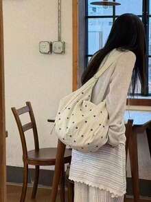 開學季韓風波點帆布托特包女款，大容量可折疊單肩包，適合大學生通勤與外出使用 - 白色 - 查看 6