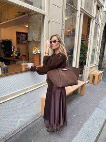 FOR BEAUTY Fall Winter Women Sweaters Y2K Chic Dark Brown Fuzzy Mohair Knit Tops Crewneck Loose Pullover Drop Shoulder Office Brunch Outfits - Red Coffee - View 6
